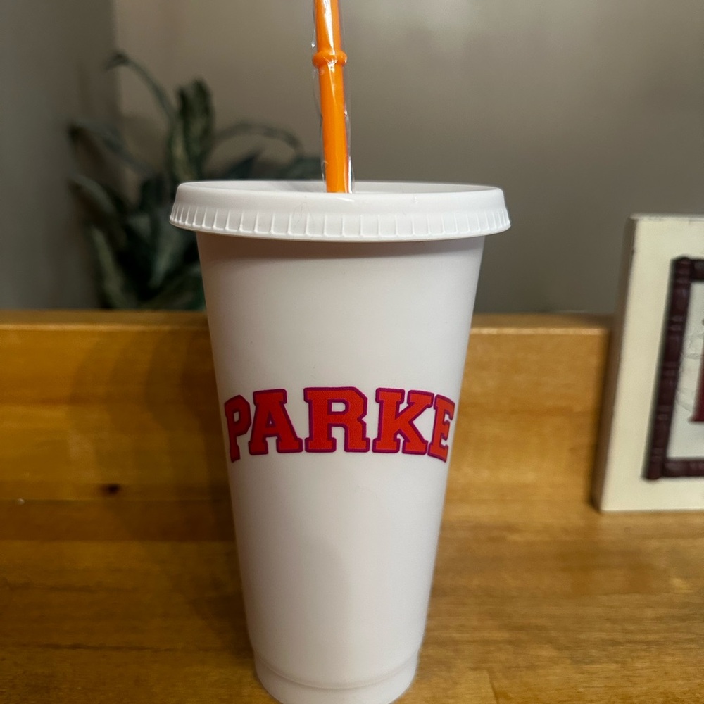 Dunkin x Parke Cream Cup with Red Logo and Orange Straw